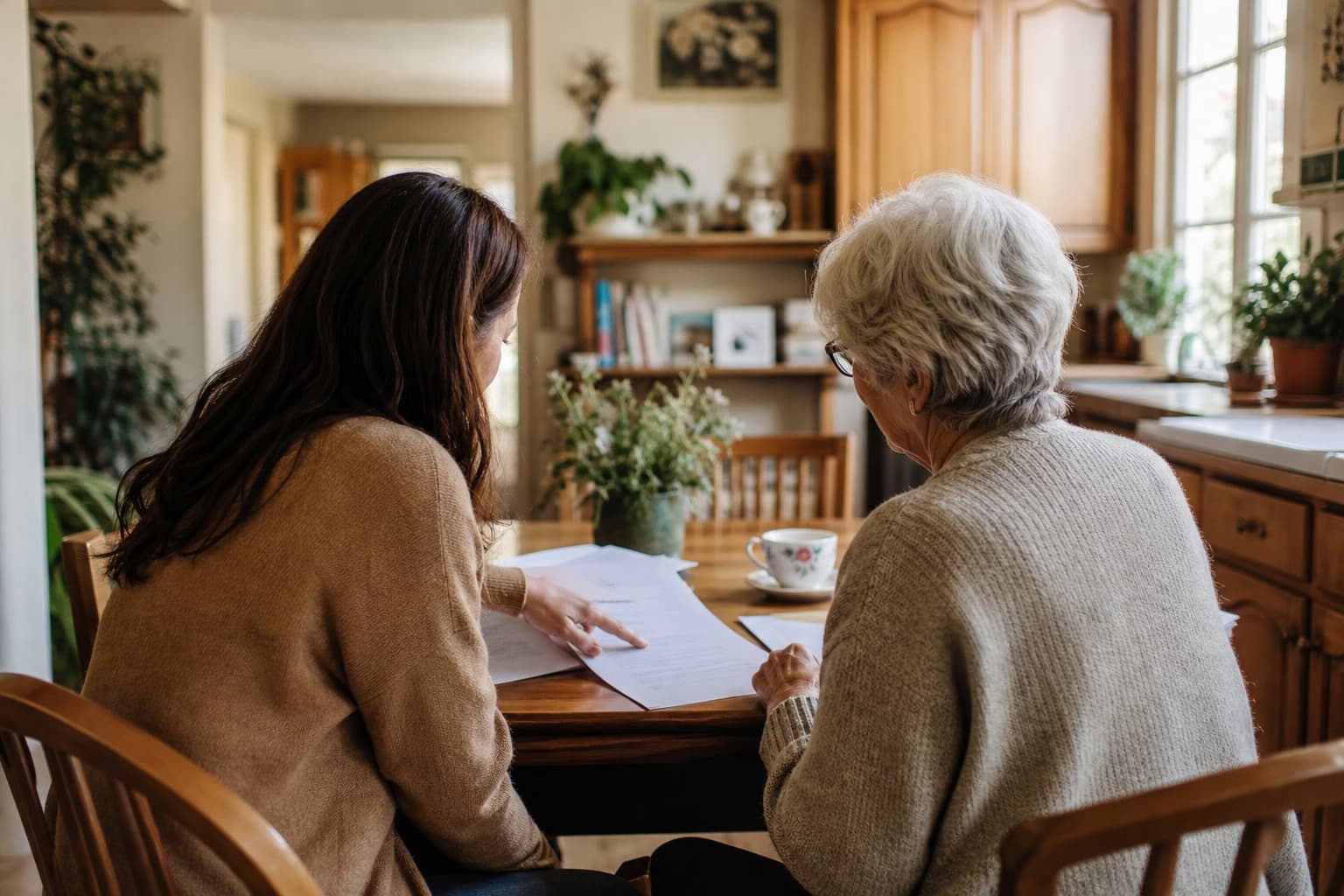 Adult family member and older adult reviewing paperwork together at a kitchen table, warm home setting
